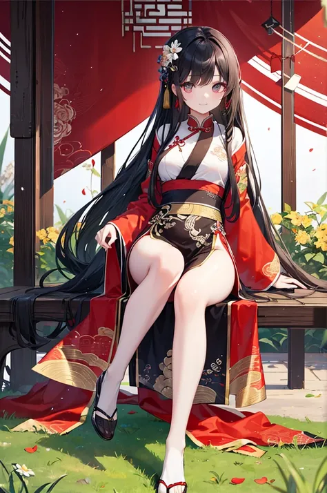 Beautiful Chinese girl，Wearing Hanfu，（transparent），Black long hair，watcher，Sitting on the grass，Lovely，A slight smile on the face，Large bust，（Slim legs:10.0)，Peerless Beauty，Wearing Chinese ancient jade hairpin jewelry，Red leg