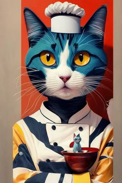 French chef with cat face、Arrangement work、Serious expression、(Dynamic pose:1.2)、Outstanding works of art、(Avant-garde masterpieces:1.6)、Flashy colors、