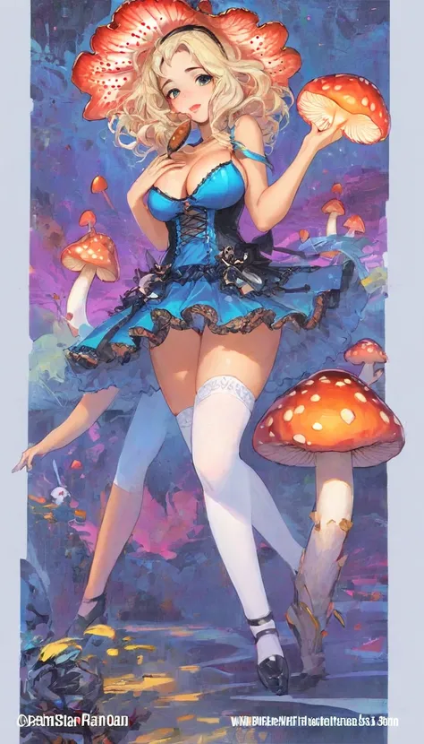 a beautiful 20 year old blonde woman with big messy hair in a blue dress, white stockings, black headband, cleavage, holding a glowing mushroom, fantasy art style, rossdraws cartoon vibrant, alice in wonderland cyberpunk, cute detailed digital art, colorfu...