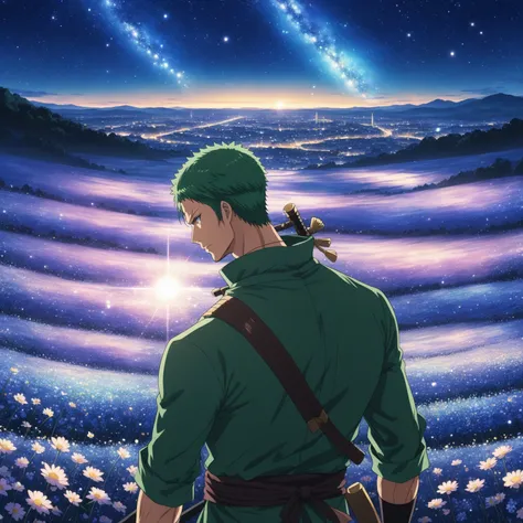 anime screencap from studio ufotable Roronoa Zoro, night, blue light behind him, ((Galaxy, Lens flare)), flower field, night sky, cinematic shot. Wallpaper. (Blue color schema), detailed background, a city in the distance