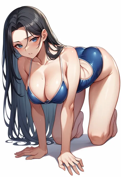 masterpiece,Highest quality,High resolution,shape,Very detailed,8k CG wallpaper,One Girl,Ray Tracing,Beautiful breasts,Long black hair, Navy blue oversized swimsuit,White background,Her butt is facing me,My forehead is sticking out,Hands on hips,On all fou...