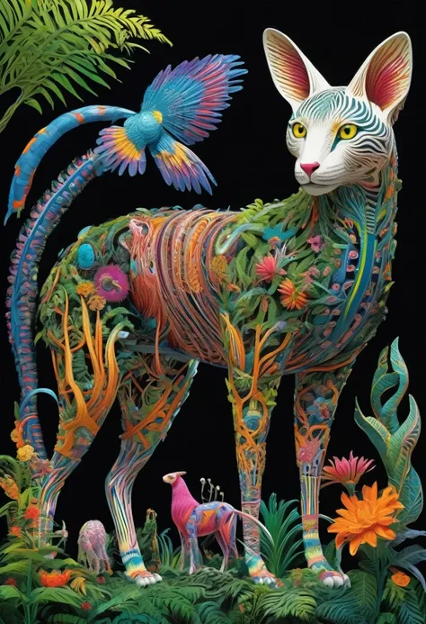 Future genetic engineering will incorporate living organisms into works of art., Covered by animals, flora. Alebrije, masterpiece, Hyper HD, Axonometric diagram, jungle. cyber punk