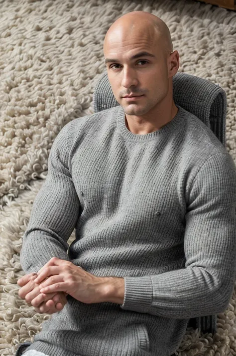 ((8k ((best quality)), ((masterpiece)), (very detailed), real face bald male muscular male upper body wear grey pullover resting on carpet