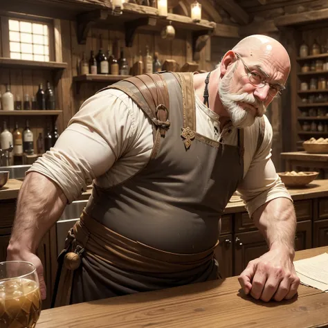 anime styling, medieval style, man old , bald man with a big, pointy blond mustache, sem beard, chubby body, eyes browns, hairy arm, medieval clothes, on a wooden counter, drying a glass with white cloth, in a dirty tavern 