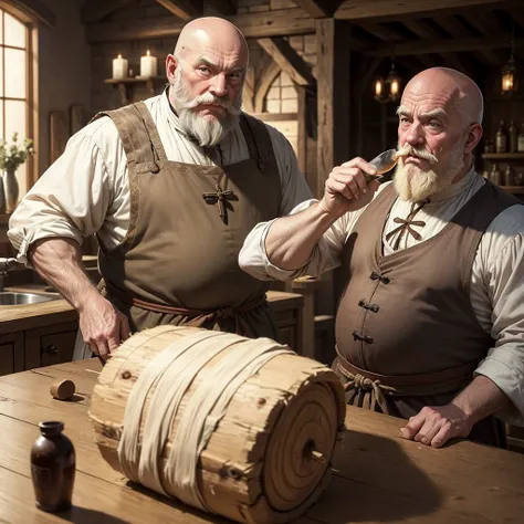 anime styling, medieval style, man old , bald man with a big, pointy blond mustache, sem beard, chubby body, eyes browns, hairy arm, medieval clothes, on a wooden counter, drying a glass with white cloth, in a dirty tavern 