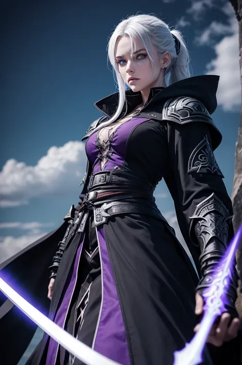 An adult wizard character wearing a hooded robe and gothic armor with black details, face with serious expression, straight white hair tied up, sword attached to waist, a remarkable beauty, Magnificent, blue eye color, magnificent clouds, Clothes under arm...