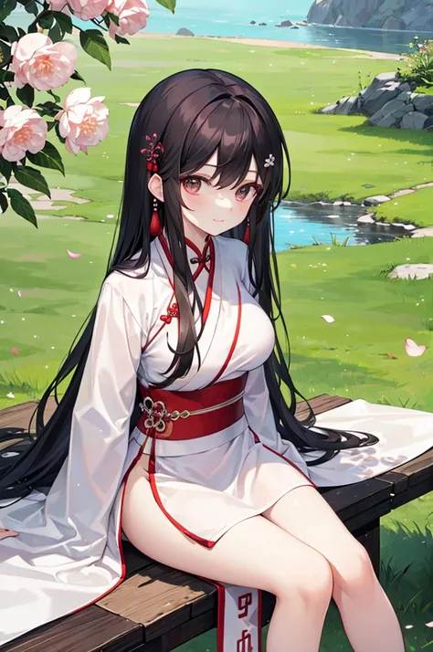 Beautiful Chinese girl，Wearing Hanfu，（transparent），Black long hair，watcher，Upper Body，Sitting on the grass，Lovely，A slight smile on the face，Large bust，（Slim legs:10.0)，Peerless Beauty，Wearing Chinese ancient jade hairpin jewelry，Red leg