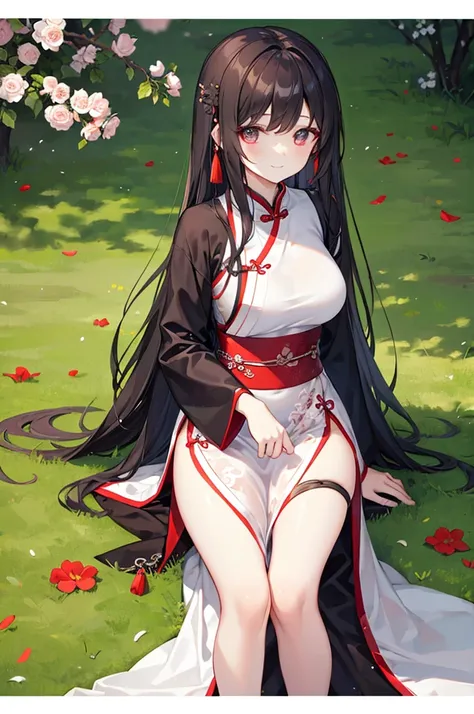 Beautiful Chinese girl，Wearing Hanfu，（transparent），Black long hair，watcher，Upper Body，Sitting on the grass，Lovely，A slight smile on the face，Large bust，（Slim legs:10.0)，Peerless Beauty，Wearing Chinese ancient jade hairpin jewelry，Red leg