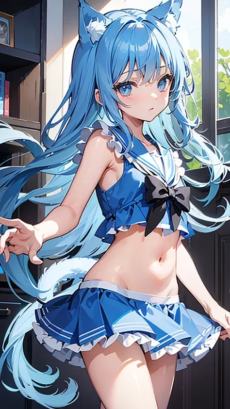 （Intricate and highly detailed illustration:1.2）、Cute Shota、Cat-eared teenager、Light blue long hair,Wearing a sailor-style frilled camisole and frilled skirt style bikini、bright、Sparkling、