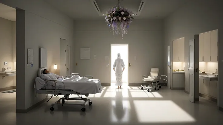 "Description: Create a contemplative scene illustrating a person in a hospital bed, surrounded by medical staff and loved ones, as they recount a near-death experience. Show ethereal imagery like a tunnel of light, angelic figures, and a serene landscape, ...