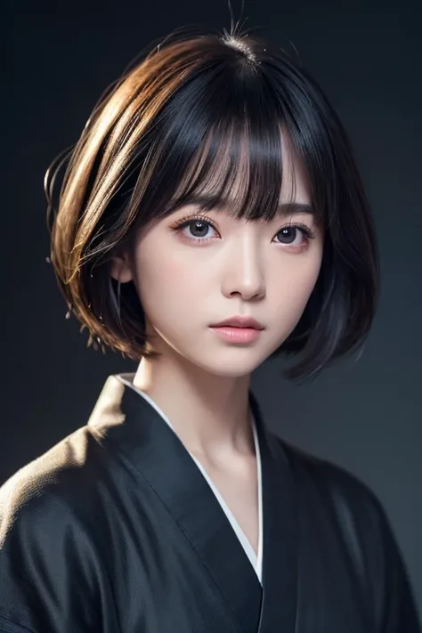 Anatomically correct:1.3), (Professional portrait、Professional Writing)、detailed、(8K, High resolution:1.2)、(RAW Photos, Realistic:1.3)、male、short hair、Black Hair、Long, narrow eyes、kimono、With bangs、Night Sky