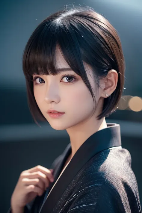 Anatomically correct:1.3), (Professional portrait、Professional Writing)、detailed、(8K, High resolution:1.2)、(RAW Photos, Realistic:1.3)、male、short hair、Black Hair、Long, narrow eyes、kimono、With bangs、Night Sky