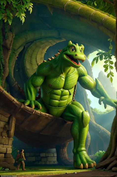 a giant alligator with bulging green muscles, wearing golden armor, climbing down a massive beanstalk, detailed, highly realistic, 8k, photorealistic, cinematic lighting, dramatic composition, vibrant colors, dynamic pose, photorealistic textures, intricat...