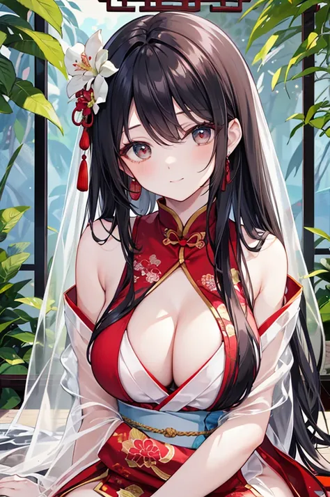 Beautiful Chinese girl，Wearing Hanfu，（transparent），Black long hair，watcher，Upper Body，Sitting on the grass，Lovely，A slight smile on the face，Large bust，Beautiful breasts are long and naturally droopy，Cleavage close-up，（Slim legs:10.0)，Peerless Beauty，Weari...