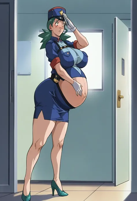 score_9, score_8_up, source_anime Bibl3, pregnant woman standing at attention, salute, solo 1girl( jenny (pokemon), police uniform, belt, pencil skirt, short skity, white gloves, high heels, milf, large breasts, huge breasts, swollen breasts, big ass, gree...