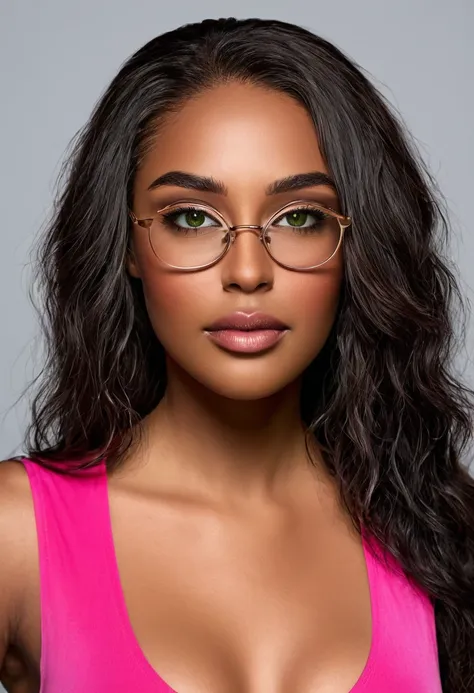 WOMAN wearing a pink bikini, pink micro bikini, pink bra and wearing glasses. a beautiful woman, beautiful Latin face, Brazilian supermodel, stunning, stunning beauty, Angolan descent, most beautiful woman in the world, jaw-dropping beauty, young adult 30 ...