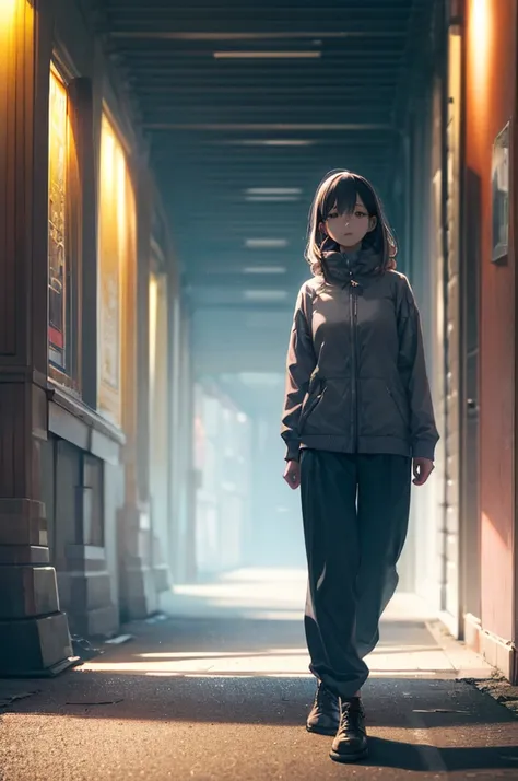 Korean girl walking down the street, Cinematic soft lighting glow effect