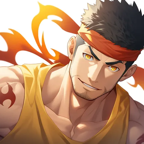 anime characters：Gyee, priapus, 1 young muscular man, male focus, Flame tattoo, sports Red headband, Dark Yellow spandex tight tank top, muscular male, muscular, only, Upper body, alone, Black short hair, Thick eyebrows, stubble, Yellow eyes, White backgro...