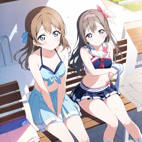 Sakurazaka Shizuku　Brown Hair　Long Hair　Head ribbon　Light blue eyes　Light blue bikini　Beach　Wipe away sweat　Strong sunlight　sun　Sweaty　LoveLive　Nijigasaki Gakuen School Idol Club　smile　Sit on a bench