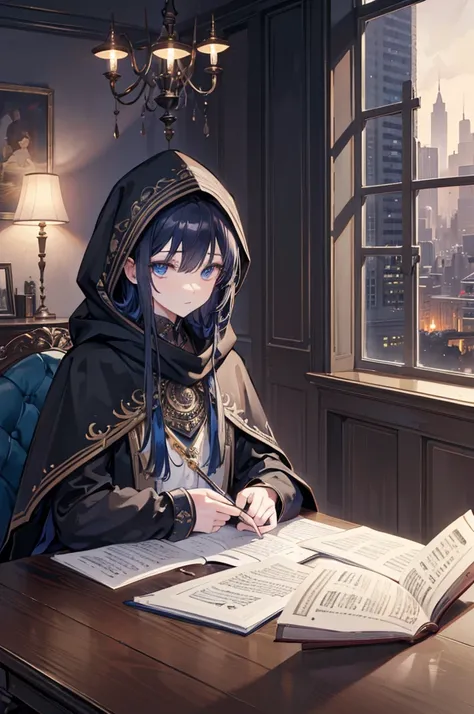 Top quality, 4k wallpaper, masterpiece, highly detailed CG Unity 8k wallpaper, very fine eyes, super detail, intricate details, music, boy studying in the room, with a book, view of night city, while studying Listen to music, nice atmosphere but room is a ...