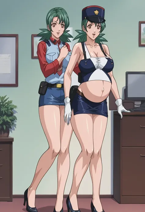 score_9, score_8_up, source_anime Bibl3, milf, jenny (pokemon), green hair, huge breasts, police uniform, belt, pencil skirt, short skirt, white gloves, high heels, wide hips, viewed from front, standing in living room, vacant smile, staring at viewer, pre...