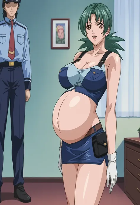 score_9, score_8_up, source_anime Bibl3, milf, jenny (pokemon), green hair, huge breasts, police uniform, belt, pencil skirt, short skirt, white gloves, high heels, wide hips, viewed from front, standing in living room, vacant smile, staring at viewer, pre...