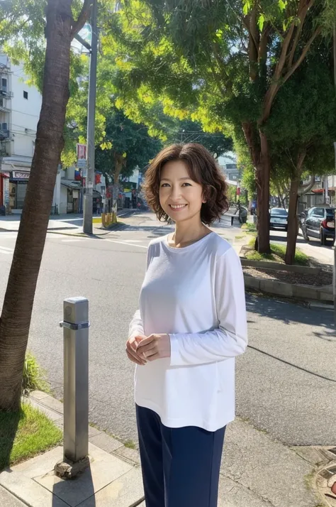 4K is realistic and beautiful，Japan woman at 39 years old，Standing on street，White skin，shortcut、Light brown hair、Gradient Hair、Curly Hair、She wears a white long-sleeved T-shirt with long sleeves，Slim and healthy， bust、The fairy air flutters。Plain street s...