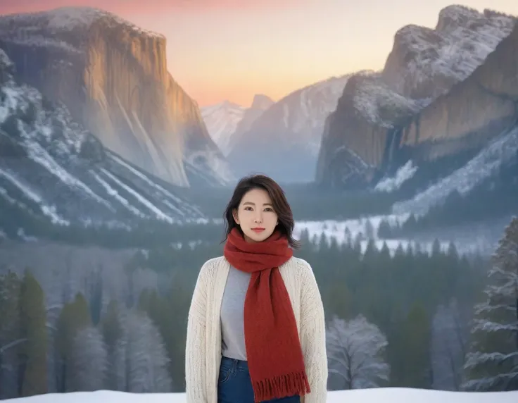 k Best picture quality, Beautiful 36-year-old Korean woman, short and good weather. Chest size 34 inches, Yosemite National Park covered in snow, USA , Red sunrise scene, Picture quality that makes the background vivid and realistic, Short and medium hair ...