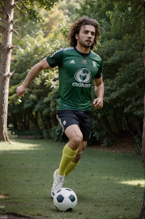 4D caricature of a small, frizzy-haired  riding a cartoon lion with a cartoon forest background wearing a football shirt with a muscular body being chased by a giant High resolution Contrast Focus 8k Resulation
