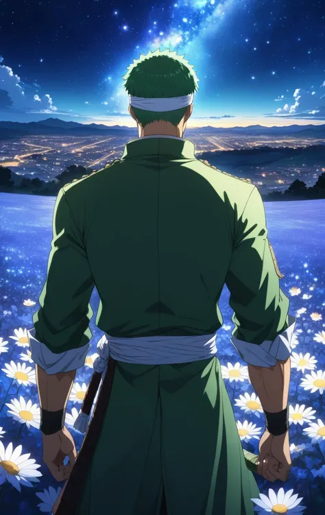 anime screencap from studio ufotable Roronoa Zoro, night, blue light behind him, ((Galaxy, Lens flare)), flower field, night sky, cinematic shot. Wallpaper. (Blue color schema), detailed background, a city in the distance