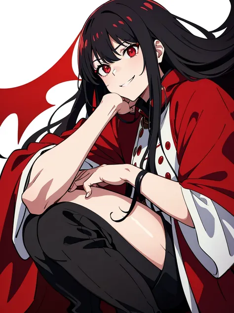 male、Black long hair、Red Eyes、Black and red coat、vampire、squat、White background、Bloody、Fearless smile