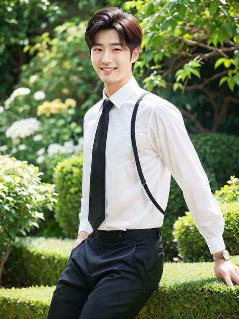 Best quality,..day, garden background,..1 korean men, white shirt and black tie, black pant, beautiful realistic handsome, smart guy charming smile .(Authentic skin texture:1.3),.,.face focus,. full body,..