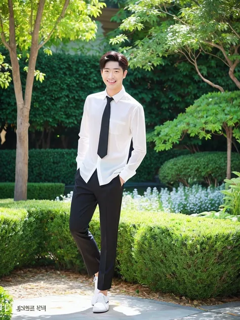 Best quality,..day, garden background,..1 korean men, white shirt and black tie, black pant, beautiful realistic handsome, smart guy charming smile .(Authentic skin texture:1.3),.,.face focus,. full body,..