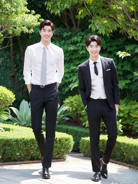 Best quality,..day, garden background,..1 korean men, white shirt and black tie, black pant, beautiful realistic handsome, smart guy charming smile .(Authentic skin texture:1.3),.,.face focus,. full body,..