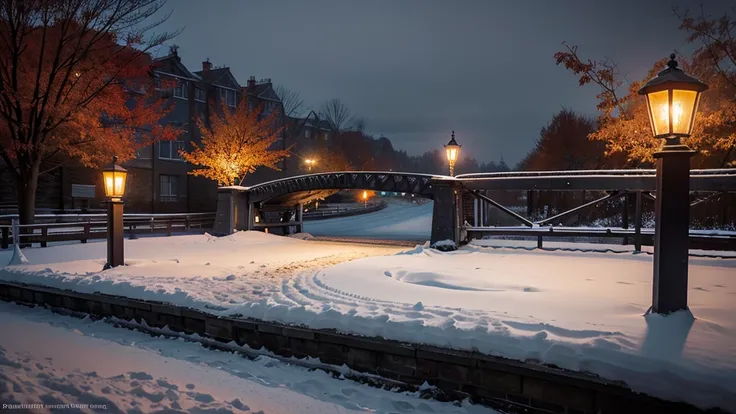 (Photo RAW),(autumn,Snow scene with bridge and street lamp:1.3),(Abstract texture background:1.2),masterpiece, Highest quality, Highest quality, Official Art,Most detailed,Depth of written boundary,Bokeh,Atmospheric lighting, Structure of the film,Complex ...