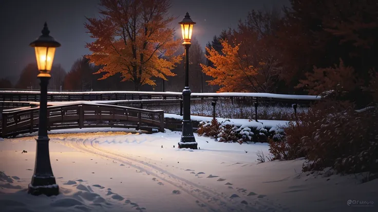 (Photo RAW),(autumn,Snow scene with bridge and street lamp:1.3),(Abstract texture background:1.2),masterpiece, Highest quality, Highest quality, Official Art,Most detailed,Depth of written boundary,Bokeh,Atmospheric lighting, Structure of the film,Complex ...