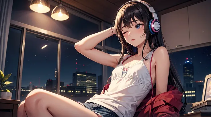 Girl with headphones enjoying music in a home　I am studying　Emphasize a little bit of the big chest　Looking towards me with eyes closed　Night Background