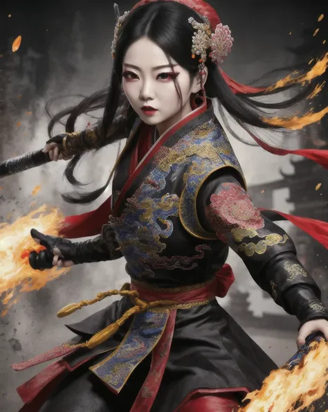 Color Ink Splashing, best quality,masterpiece,highly detailed,ultra-detailed,   beijing opera, solo, 1girl, black hair, makeup  ,fighting stance, holding weapon, portrait, 
<f