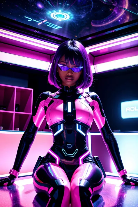 a futuristic girl with dark skin, purple colored eyes, and hair in shades of purple, blue, and pink, sitting in a futuristic coffee shop in space, (best quality,4k,8k,highres,masterpiece:1.2),ultra-detailed,(realistic,photorealistic,photo-realistic:1.37),e...