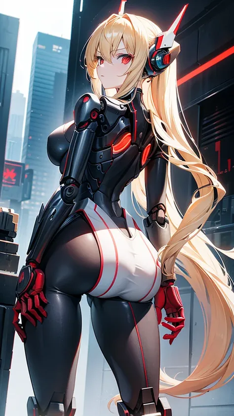 female, skinny, narrow waist, breasts, wavy blonde hair, red eyes, mechanical body, robot body, mechanical joints, robot, mechanical girl, huge breasts, perfect thighs, garage, cowboy shot, masterpiece, plastic skin, pale, headgear, robotic legs, synthetic...