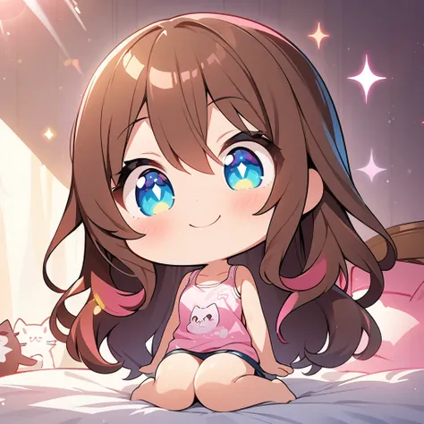 masterpiece, best quality, 4k、2D Illustration、one beautiful girl、solo、(((chibi style)))、((vivid colors))、cute chibi、lovely chibi、long beautiful hair, glossy brown hair, hair between eyes, cute、beautifully detailed eyes、((tank top))、((miniskirt))、(colorful)...