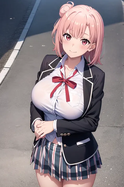 masterpiece, Highest quality, High resolution, ayui, short hair, Single hair bun, Red eyes, Small head, clavicle, Neck ribbon, White shirt, Dress shirt, blazer, Black jacket, Open jacket, Long sleeve, Checked skirt, smile, blush, Outdoor, White thighs, (Hu...