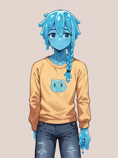 score_9, score_8_up, score_7_up, score_6_up, score_5_up, score_4_up, source_anime, 1Boy, slime Boy, Blue skin, Punk style, , Braided  hair, solo, slimegirlsfw, slime boy, ripped jeans, sweater, slimeboy, femboy , depth of field, LUT,  medium close shot, de...