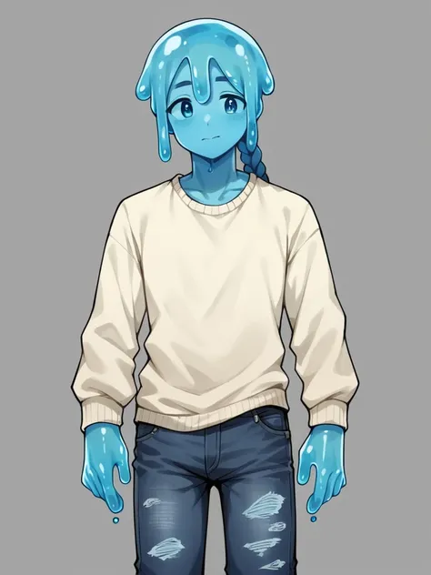 score_9, score_8_up, score_7_up, score_6_up, score_5_up, score_4_up, source_anime, 1Boy, slime Boy, Blue skin, Punk style, , Braided  hair, solo, slimegirlsfw, slime boy, ripped jeans, sweater, slimeboy, femboy , depth of field, LUT,  medium close shot, de...