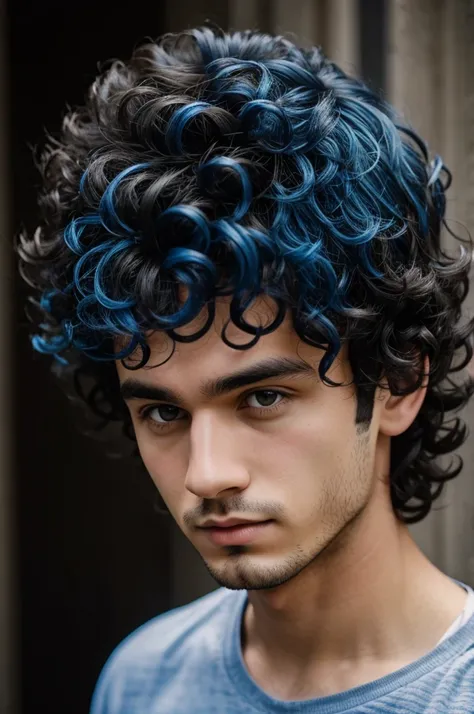 A dark-haired boy with curly hair and blue highlights 