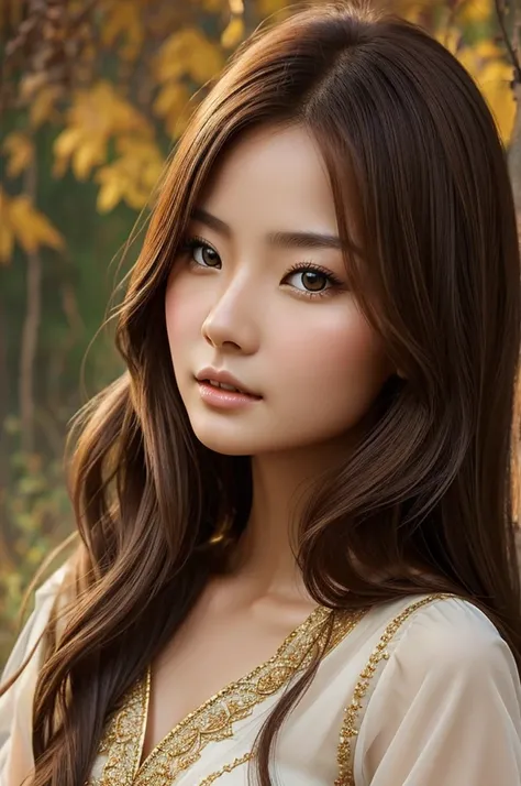 Generate an image of a beautiful china woman with the following features:
- Fair skin tone
- Long brown hair 
- Brown eyes
- Appear as if she is from a fairy tale
The image should be a portrait-style composition showcasing the characters face, hair, and up...