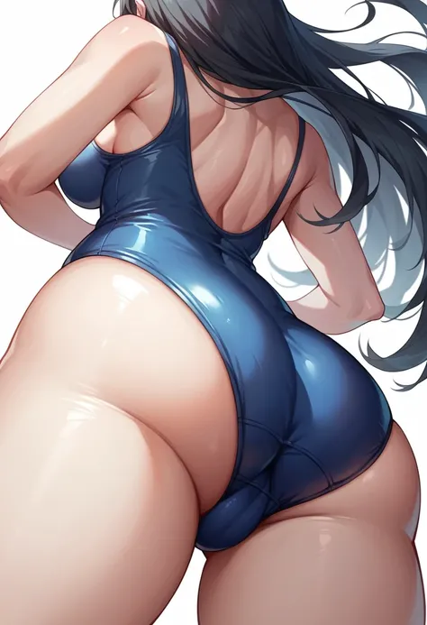 masterpiece,Highest quality,High resolution,shape,Very detailed,8k CG wallpaper,One Girl,Ray Tracing,Beautiful breasts,Long black hair, Navy blue oversized swimsuit,White background,Her butt is facing me,Composition from below