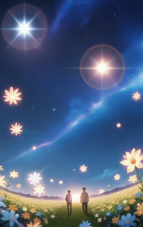 anime screencap from studio toei animation, Roronoa Zoro, night, blue light behind him, ((Galaxy, Lens flare)), flower field, night sky, cinematic shot. Wallpaper. (Blue color schema), detailed background, a city in the distance