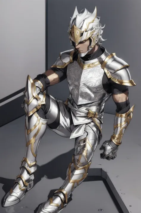 A man wearing silver-colored armor, wearing a silver-colored helmet with a black visor, with a pair of golden bracelets, wearing metallic pants with golden knee pads, golden boots