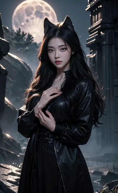 Beautiful and perfect 8k ultra high definition professional photos, Focus, In a stunning fantasy world, 20 years old Korean girl，Black hair，Delicate facial features，The hands are beautiful,(A girl and a mysterious giant wolf)), , In the moonlight of the ni...